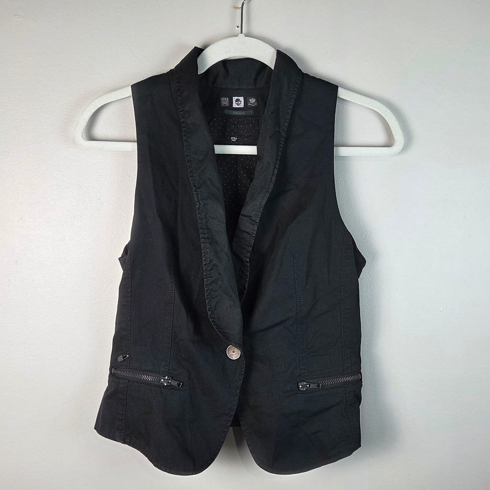 IKKS Vest Women 36 Black Excellent Skull Lining Zipper Edgy Waistcoat 616